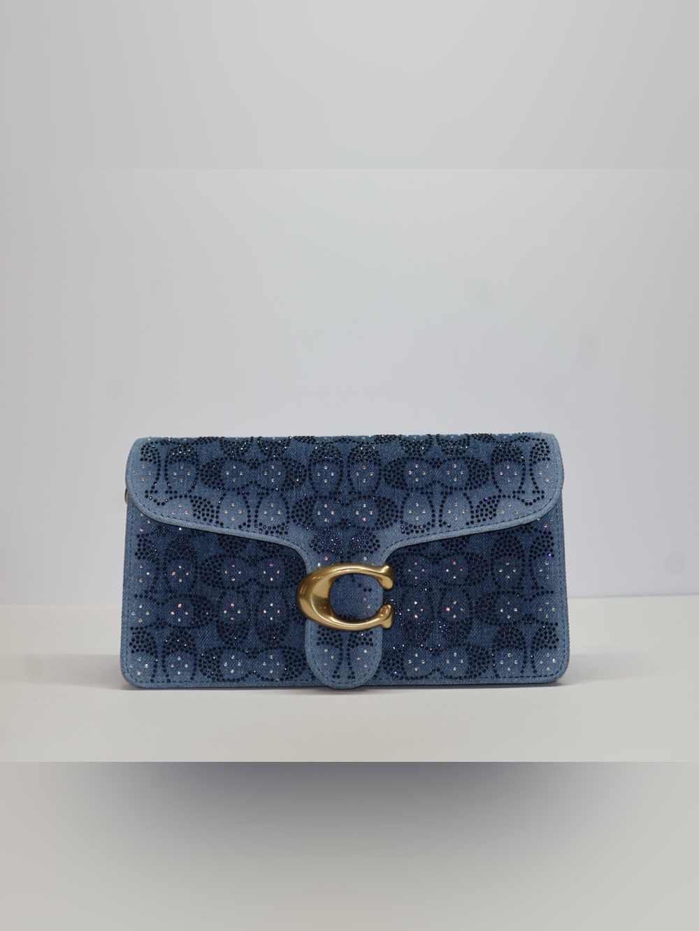 Coach Blue Embellished Signature Clutch with Gold 'C' Hardware